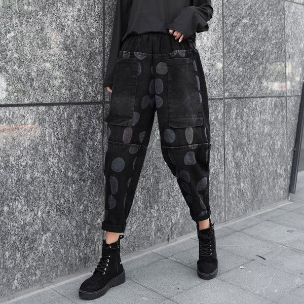 

jeans autumn female-style elastic waistline vintage printing loose breeches double-pocket brim cotton deniharem pants plus size v62, Blue