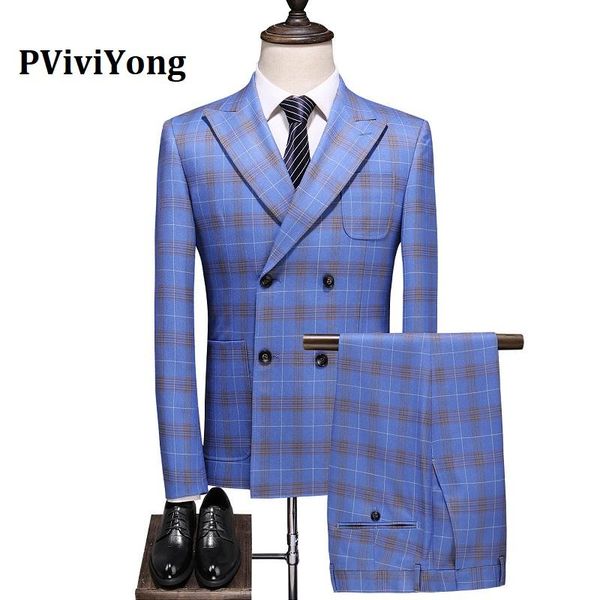 

pviviyong brand 2021 suit men double-breasted grid slim business three-piece (jackets + vest pants) 6035 men's suits & blazers, White;black
