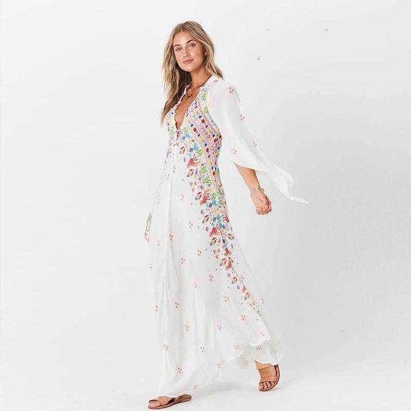 

bohe maxi dress women v neck floral print kimono flare sleeve beach summer casual button long loose robe femme dresses_yw_rw, Black;gray