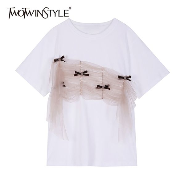 

white patchwork bowknot mesh for women o neck short sleeve casual korean t shirt female fashion clothing 210524