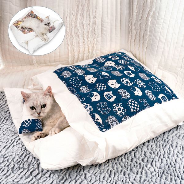 

Japanese Cat Bed Warm Cat Seeping Bag Deep Seep Winter Removabe Pet Dog Bed House Cats Nest Cushion with piow