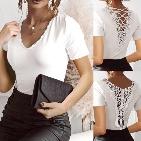 Chegadas Sexy oco out lace v-pescoço branco camiseta 2021 moda casual manga curta sólida slim verão tops mulher roupas homens t-shirts