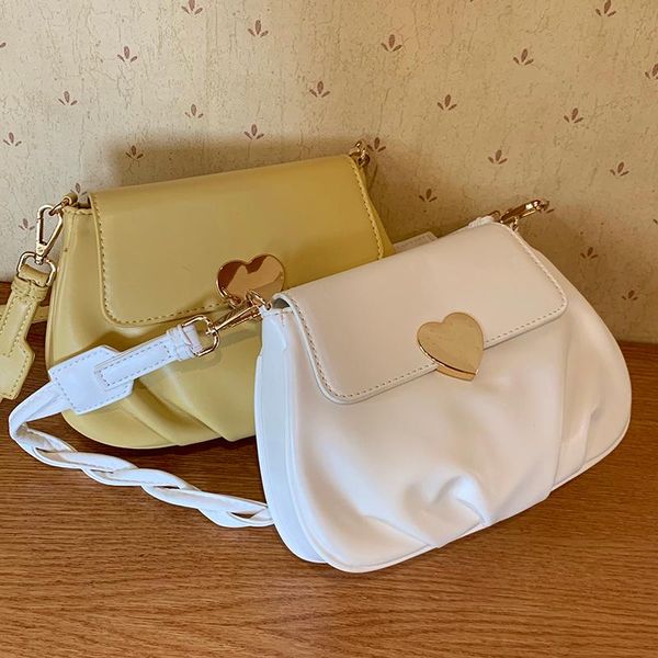 

simple solid color female purse handbags fashion heart button women small shoulder bag pu leather ladies pleated messenger bags