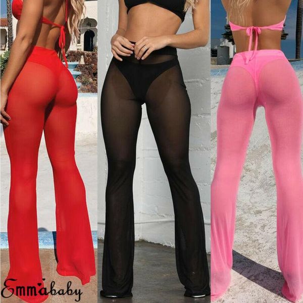 

women's pants & capris ruffle women beach mesh sheer leg transparent see through cover up bikini trouser pantalon, Black;white