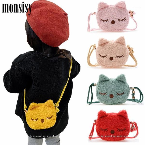 

monsisy 2021 coin purse and handbag for girl cat crossbody bag children wallet lolita wool baby small change kid obag, White