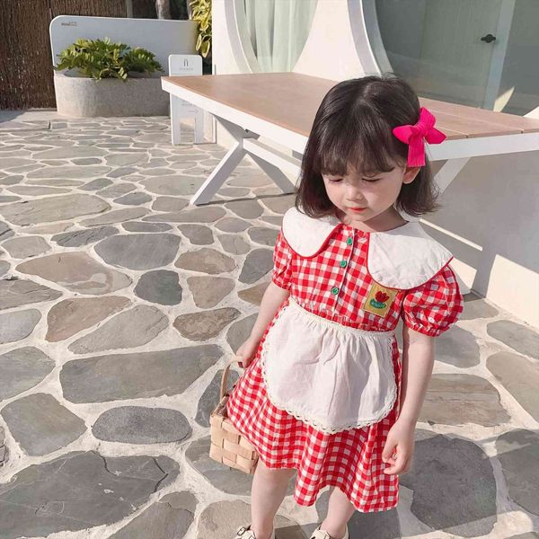 

summer cute red plaid girl dress lolita style for girls 1 6 years little princess embroidery short sleeve, Red;yellow