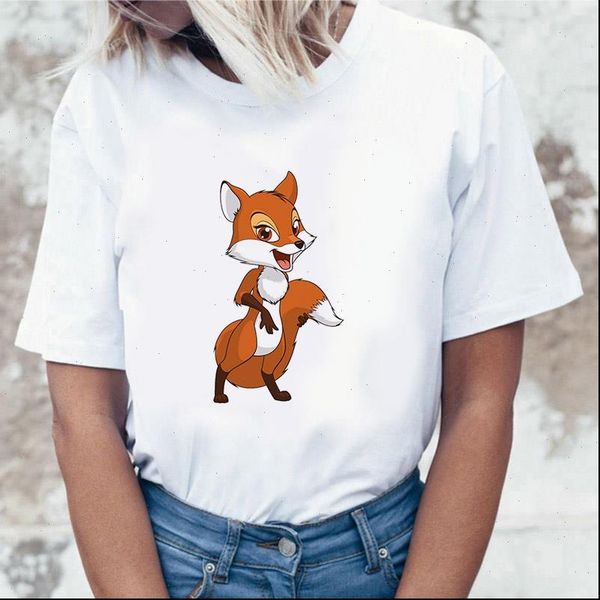 

cute fox cartoon printed women t shirts o neck harajuku graphic short sleeve summer tshort fun tee, White