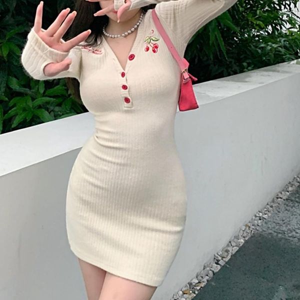 

casual dresses 2021 autumn cute cherry mini long sleeve dress kinitting, Black;gray