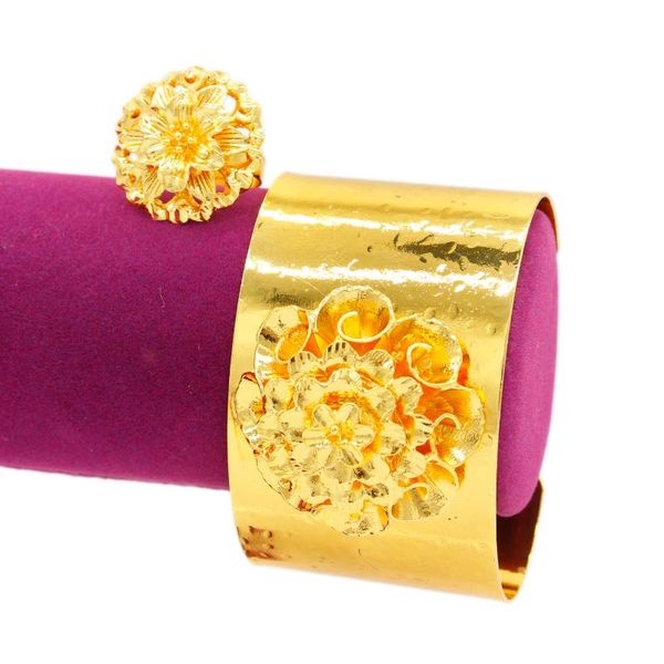 

earrings & necklace big flower bracelet&ring jewelry set for dubai/african/arab women bridal wedding decoration 24k gold color ethiopian par, Silver