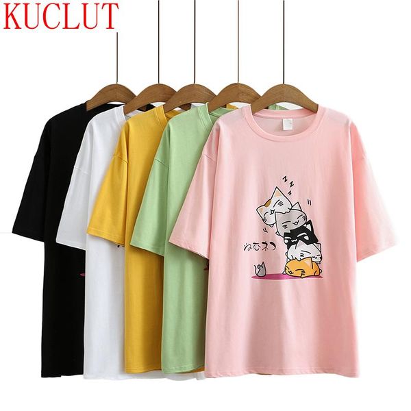 

summer korean large women's casual pullover fat mm round neck cartoon cat printed t-shirt men's t-shirts, White;black