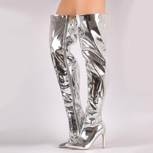 

boots autumn gold silver knee wind thin high heels 43 45, Black