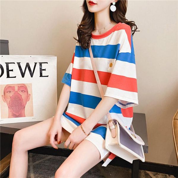 

loose rainbow striped t-shirt women's short-sleeved summer korean daisy student embroidered trend, White