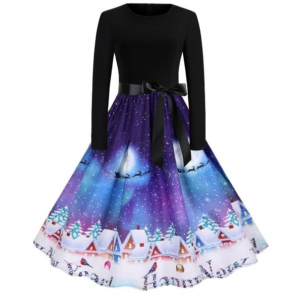 

casual dresses vintage robe women christmas dress elegant party winter 2021 snowflakes print long sleeve rave festival clothing, Black;gray