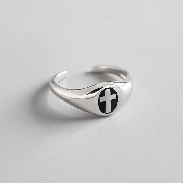 

cluster rings authentic s925 sterling silver fine jewelry black enamel cross religion round band adjust j506, Golden;silver