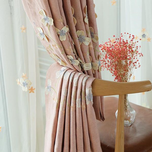 

pink embossed embroidery linen curtain finished custom blackout curtains living room bedroom dining & drapes