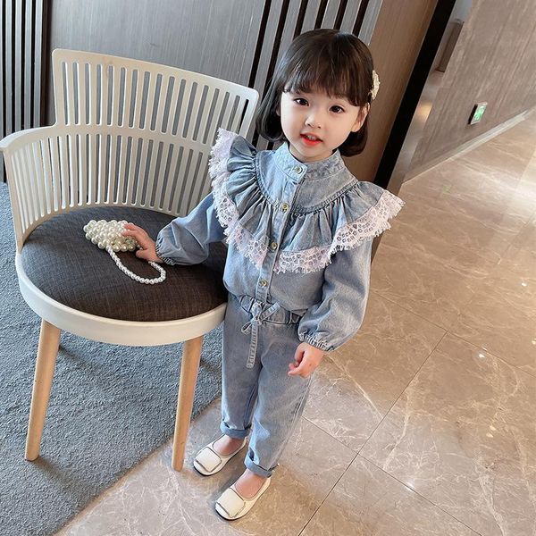 

clothing sets hylkidhuose 2021 spring girls female children lace denim jacket pants casual style two-piece kids vacation clothes, White