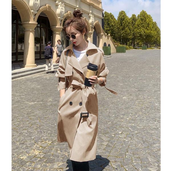 

women's trench coats fashion women coat beige blue long with belt spring autumn korean loose outerwear jackets casaco feminino chaqueta, Tan;black