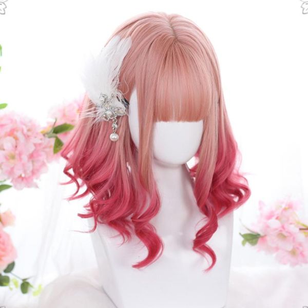

synthetic wigs meifan short bob wavy color ombre lolita anime with bang natural fake hair orange red lolite halloween party wig, Black