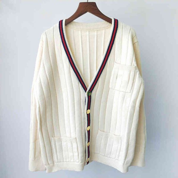 

aw21 contrast collar v-neck loose knit cardigan for women, White;black
