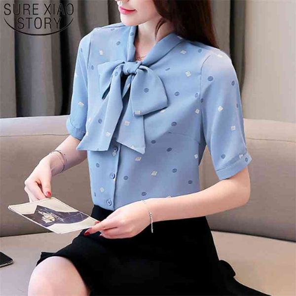 

fashion women chiffon blouses short sleeve bow casual office lady print white blue clothing 5242 50 210506
