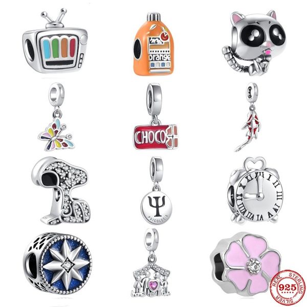 

new 925 silver accessories chocolate cat tv bow alarm pendant fit pandora original bracelet charms beads for women diy jewelry, Black