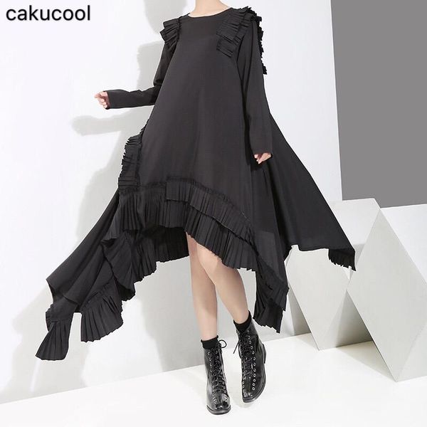 

casual dresses cakucool 2021 spring and summer women's long-sleeved dress loose irregular simple fashion slim pleated lace, Black;gray