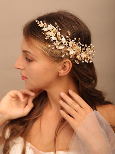 

headpieces pearl rhinestone flower bridal hair combs gold leaf wedding headband brides headwear accessories party prom jewelry, Silver