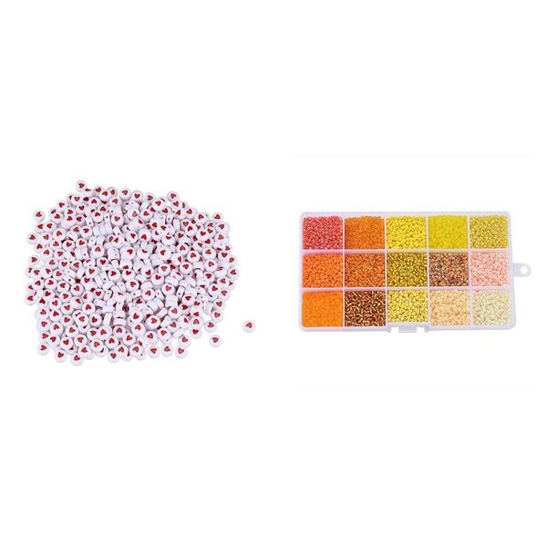 

other 500pcs white red love heart acrylic flat round beads & 1 set orange series glass seed diy stained rice bead