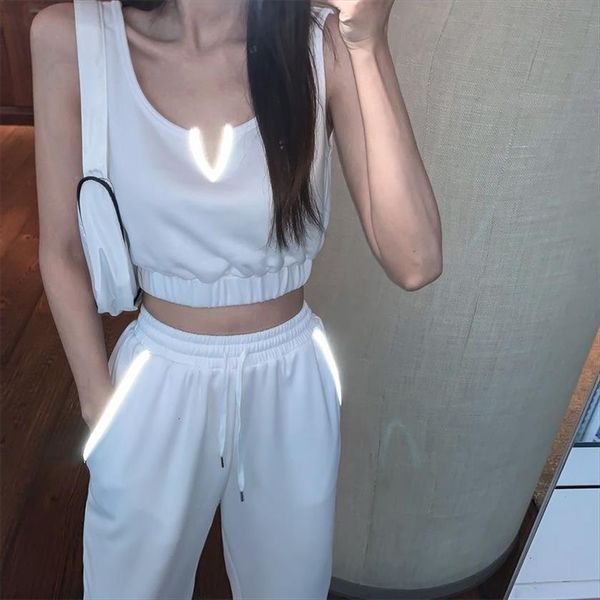 

fashion casual elastic waist womenpant jogger sets slim tube streetwear pant two pieces female white suits