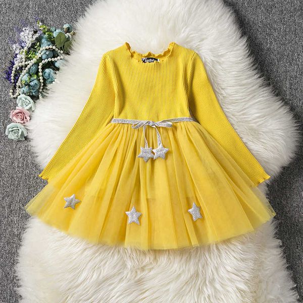 

baby girls long sleeve dress cute star knitted patchwork gauze dresses 2019 new spring autumn fashion kids dress 3 colors, Red;yellow