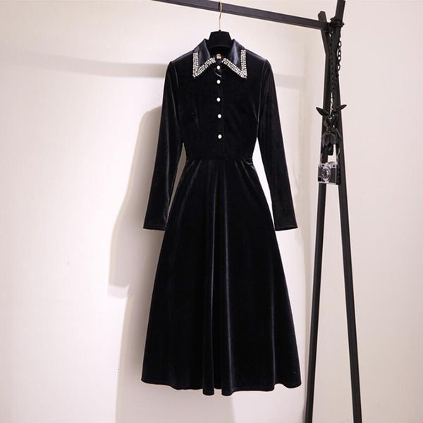 

dresses autumn winter vintage women gold veet es lady sleeve slim black long vestidos single-breasted a-line, Black;gray