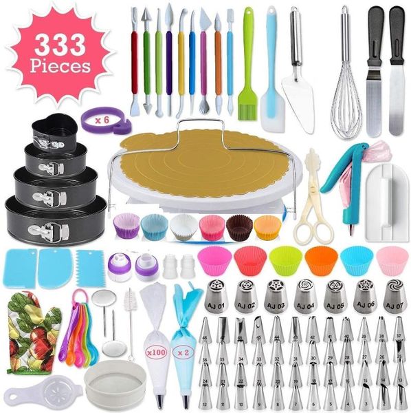

baking & pastry tools 333 pcs set cake turntable bag large russian nozzle non-stick lock tray spatula silicone brush cups, etc.