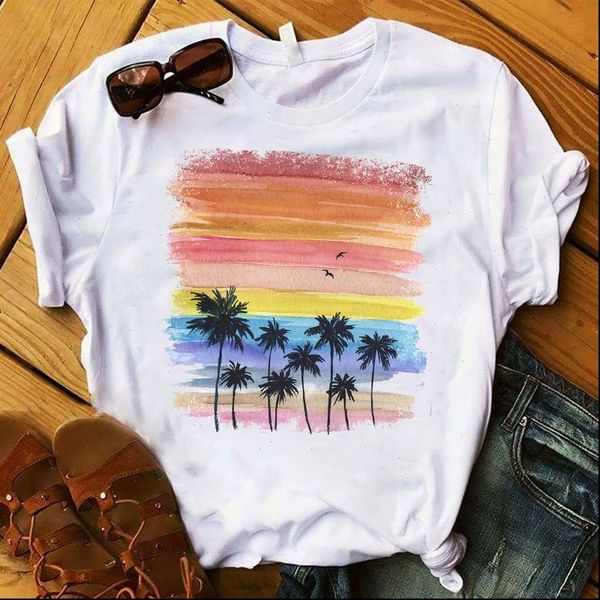 

beach landscape printed women short sleeve tee clothes graphic, White