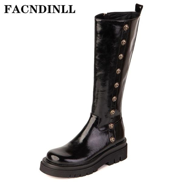 

boots side zipper women knee-high fashion rivets wedges female night club shoes quality leather autumn winter round toe, Black
