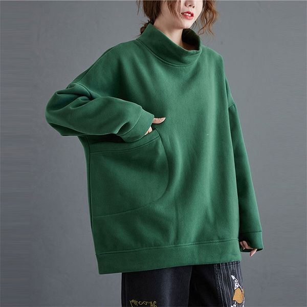 

autumn winter arts style women long sleeve loose casual turtleneck pullovers big pocket thicken warm hoodies s108 210512, Black