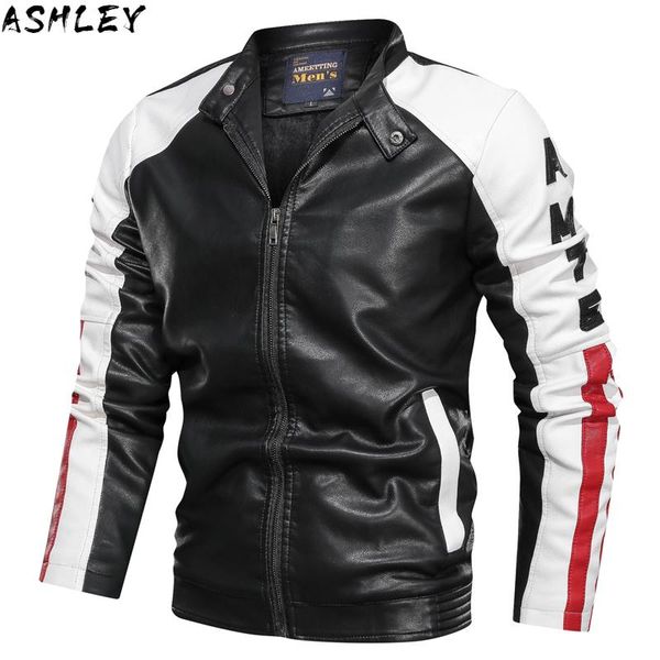 

men's fur & faux men pu leather jacket casual stand collar splice locomotive clothes winter plus velvet warm slim coat, Black