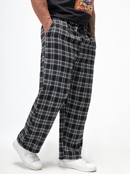 

extended sizes men plaid drawstring waist pants j6kt#, Black