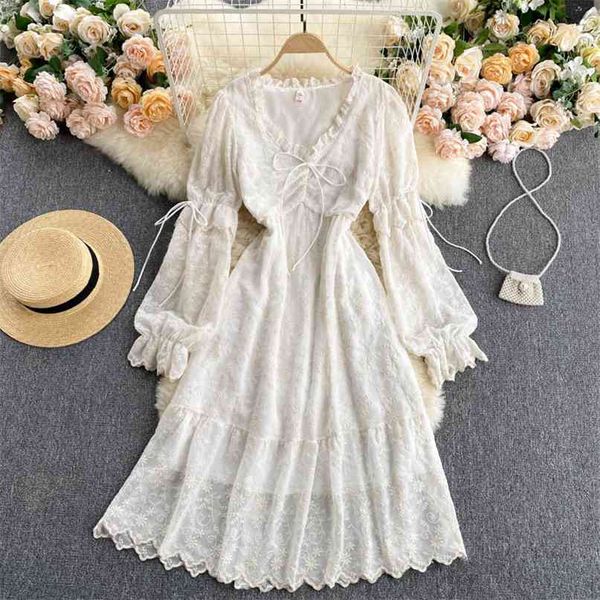 

women spring fashion v collar high waist slim retro embroidered lace sweet a-line dress elegant vintage vestidos s185 210527, Black;gray