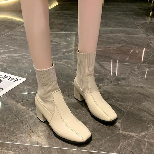 

boots splicing material knit ankle women high heel sock stretch fabric square black beige 6 cm