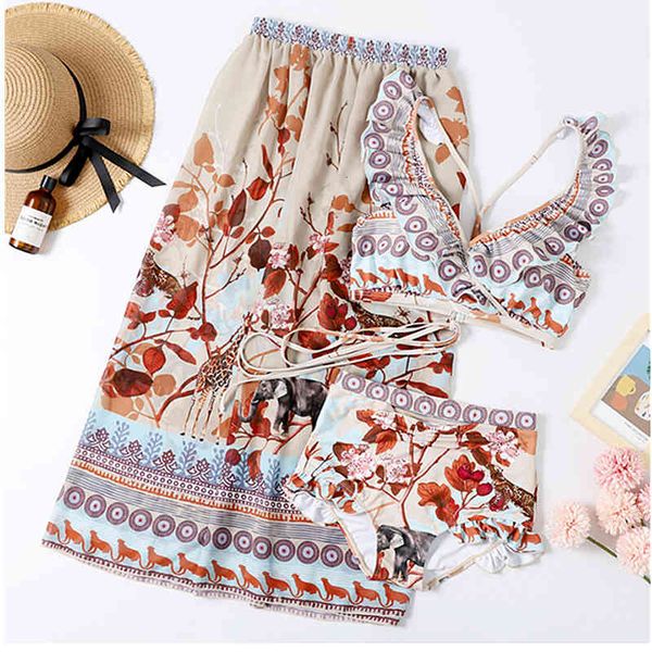 

swimwear swimsuit skirt bikini three-piece bathing suit high waist set mujer print swimwear women floral beachwea, White;black