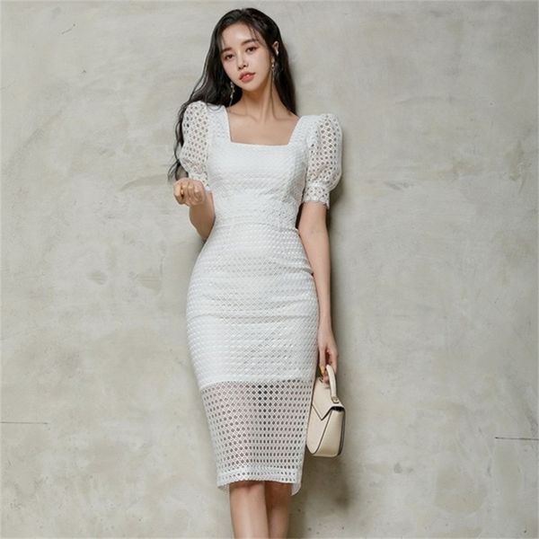 

elegant lace short sleeve square neck slim dress women bodycon formal party pencil 210603, Black;gray