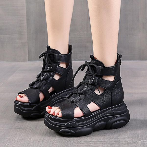 

rimocy hollow out gladiator platform sandals women 2021 summer vintage peep toe sandalias mujer soft pu leather chunky shoes dress, Black