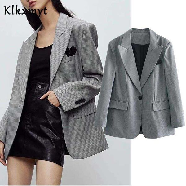 

klkxmyt za fashion check blazer woman jacket female office casual long sleeve one buttons pockets women coat 210527, White;black