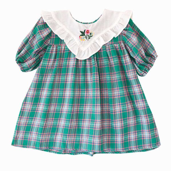 Koreanischer Stil Kleine Mädchen Stickerei Kleider Kinder Kleidung Mädchen Korea Kleid Baby Sommer Plaid Kleider Kinder Outfits 210615