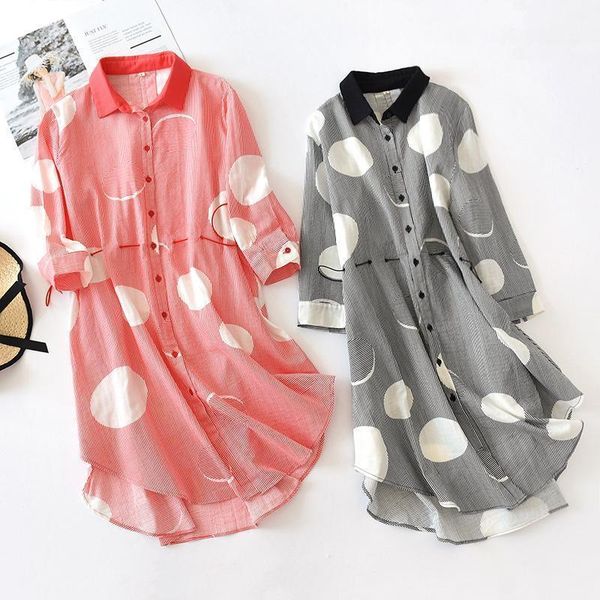 

women's sleepwear spring 100% cotton gauze nightgown three quarter printing sleepshirts women turn-down collar sleeping dress1, Black;red