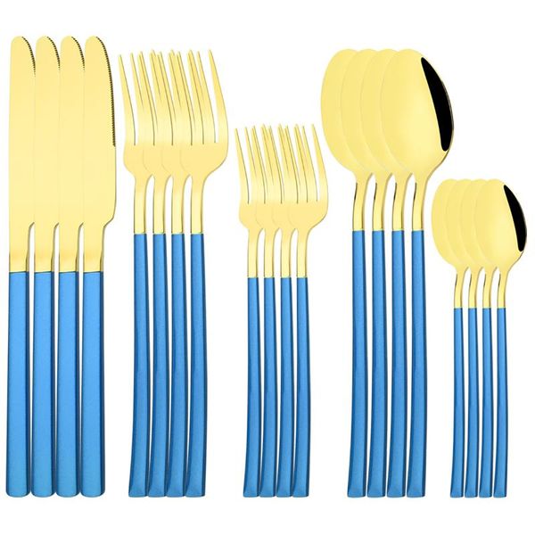 

dinnerware sets 20pcs blue gold cutlery set mirror knife dessert fork tea spoon tableware stainless steel kitchen flatware silverware