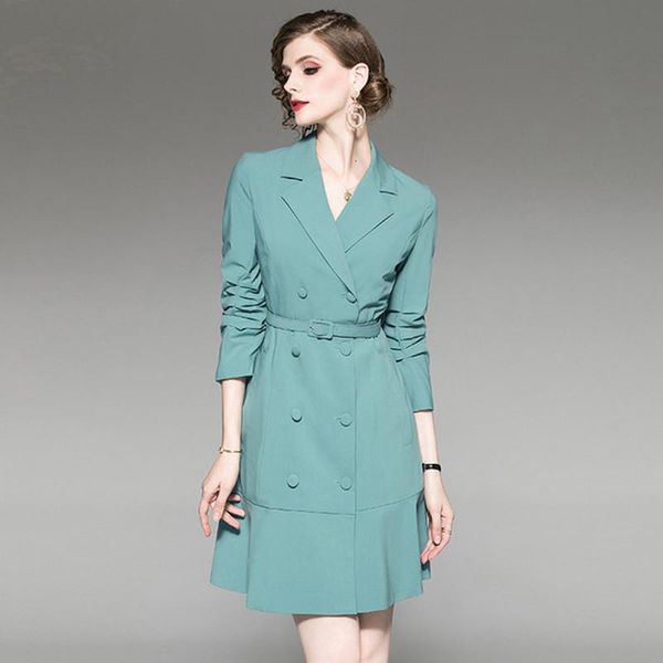 

casual dresses vintage runway elegant blazer dress women spring autumn winter double breasted slim office ladies work wear female belt, Black;gray