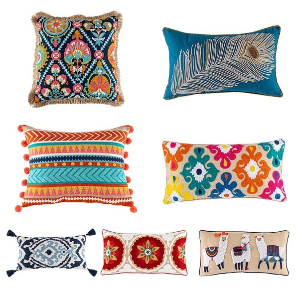 

pillow case vintage bohemian style tufted waist pillowcase embroidered alpaca geometric floral pompom tassel pillowcase.