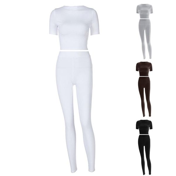 

womens summer 2 pieces tracksuit set short sleeve o-neck crop high waist leggings long pants solid color yoga outfit