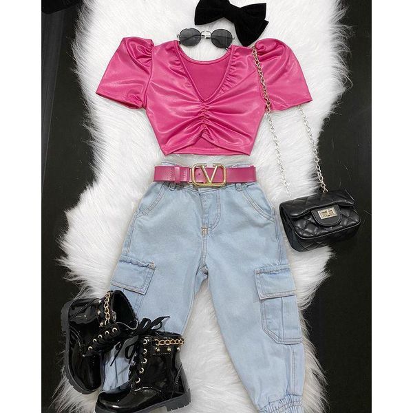 

clothing sets kids girls clothes solid short sleeve v neck shirts pocket loose denim pants casual costume outfits, White